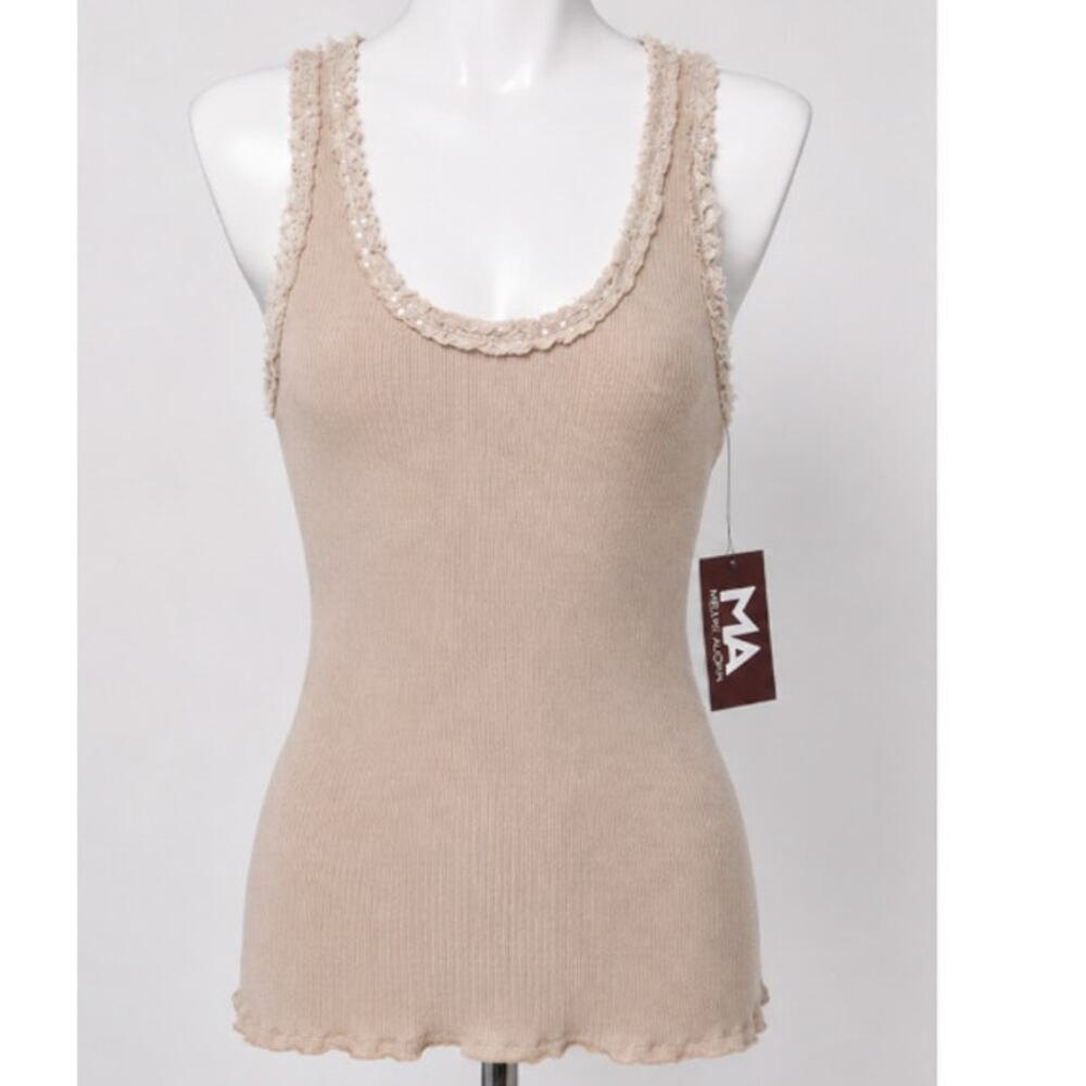 NWT Dis Moi Tan Rib Knit Racer Back Lace Edging Tank Top